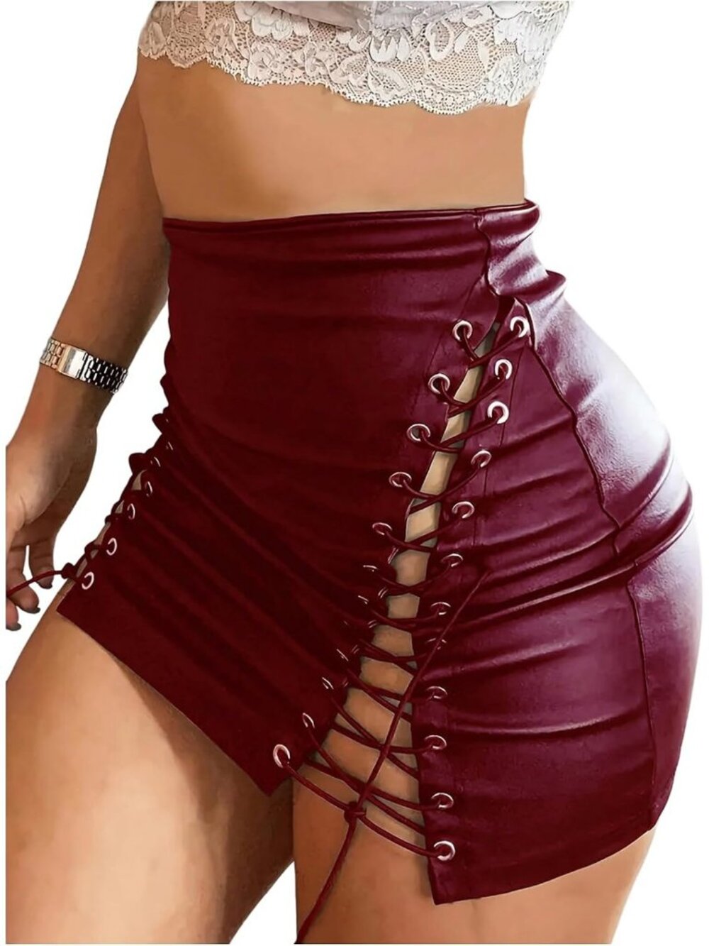 Women's PU Faux Leather Lace Up Side High Waist Bodycon Burgundy Mini Skirt